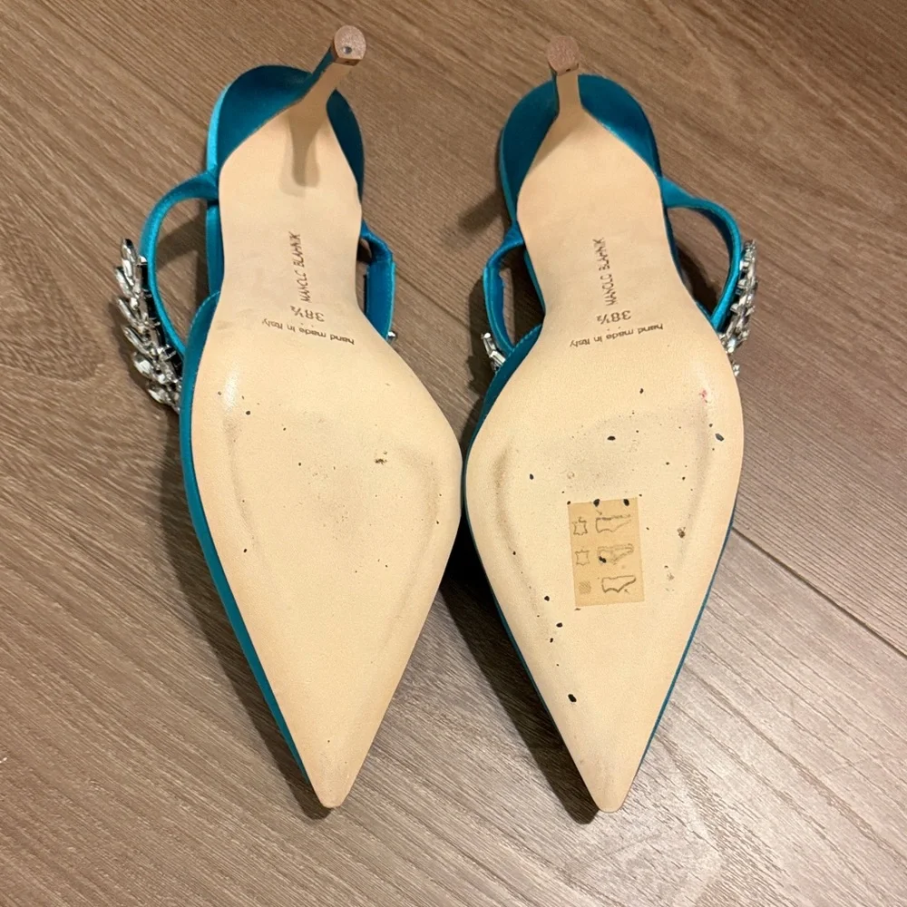 Manolo Blahnik Lurum Turquoise Satin Crystal Heels - Picture 3 of 7